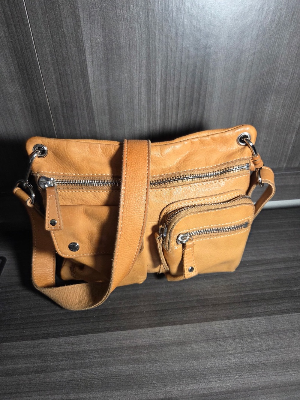 Fossil Camel Leather Shoulder Bag with Silver Zipper